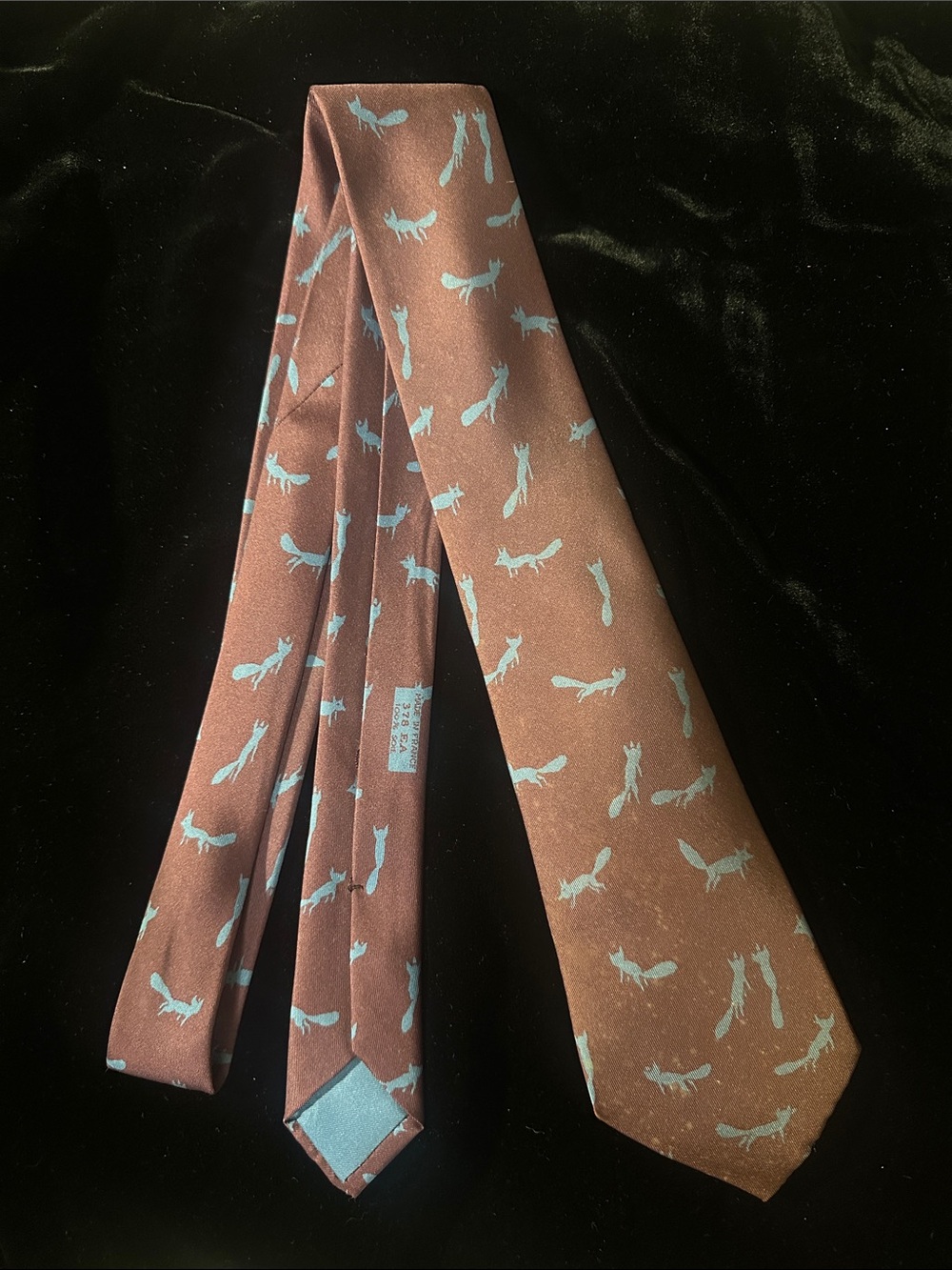 Hermes Brown Silk Tie with Light Blue Fox Motif